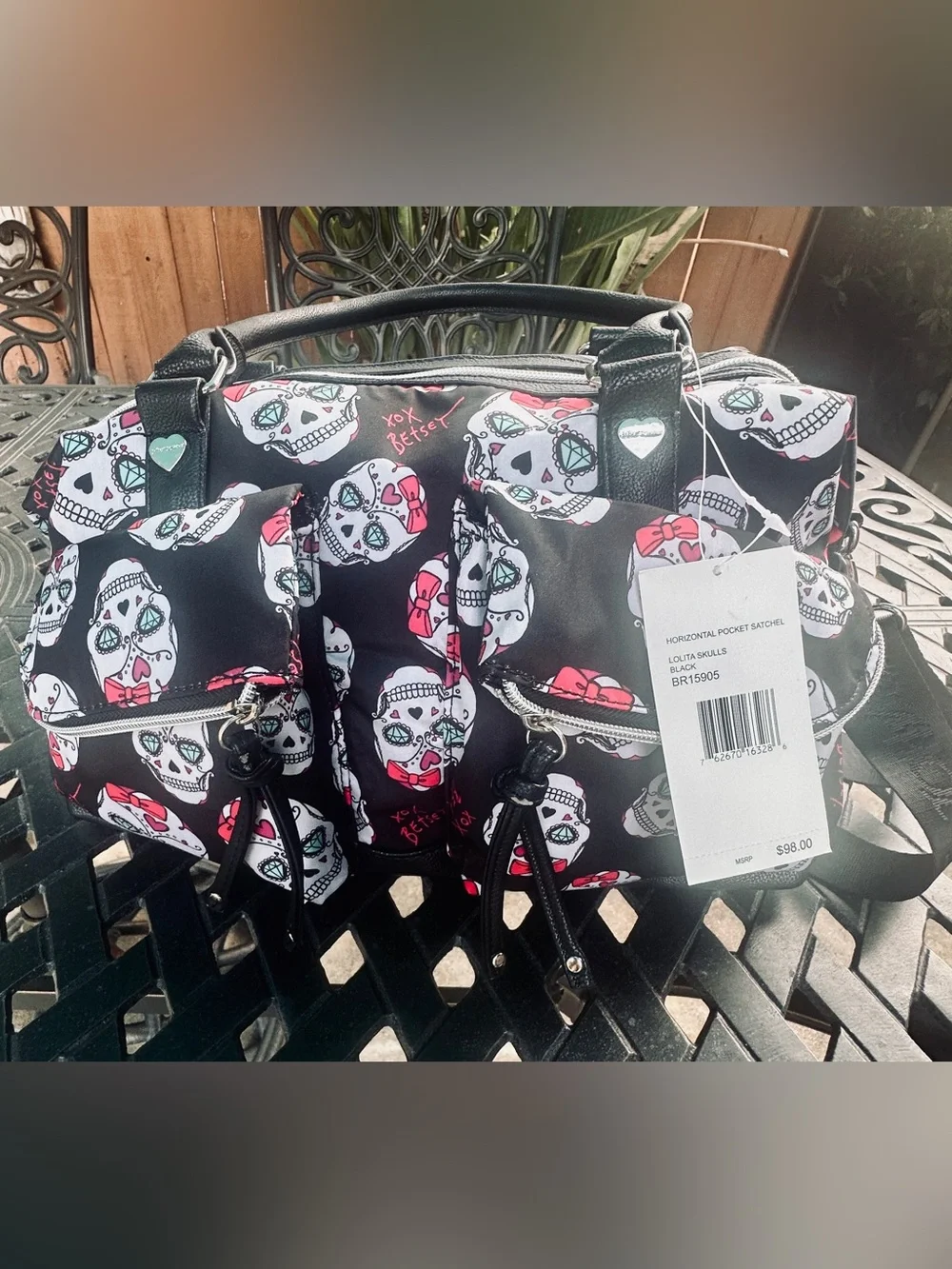 NWT Betsey Johnson Sugar Skulls Horizon Pocket Satchel Crossbody Shoulder Bag